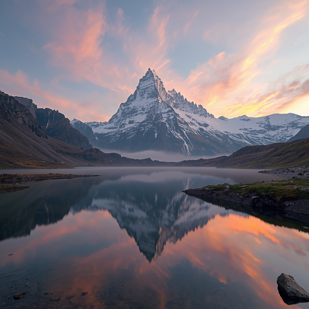 A breathtaking view of a majestic snowy mountain peak at sunrise, with a quiet alpine lake reflecting the orange and pink sky, ultra-realistic, nature photography, no humans, no woman