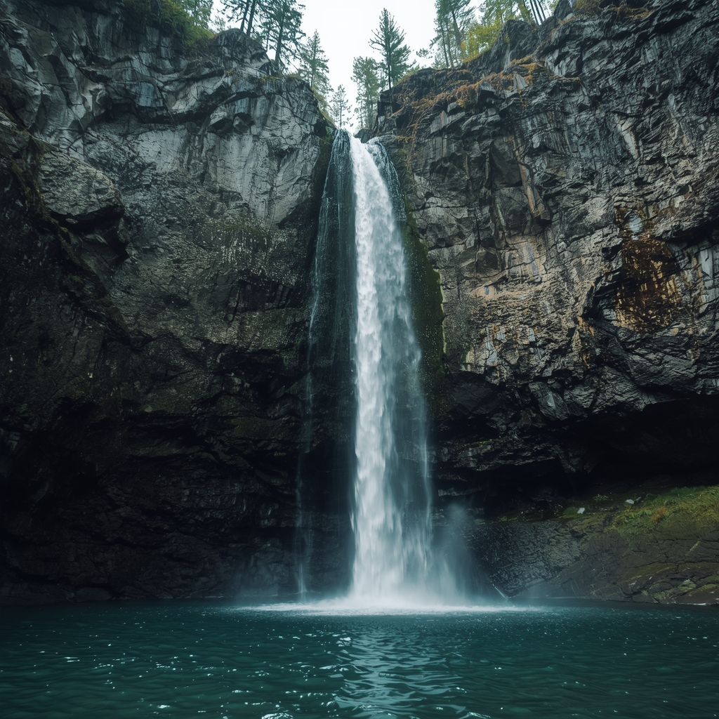 A dramatic rocky cliff face with a cascading waterfall plunging into a crystal clear pool below, pristine wilderness, cinematic lighting, no humans, no woman